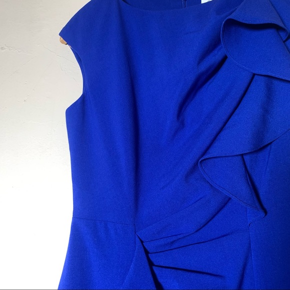Calvin Klein royal blue cinched waist asymmetrical ruffle cap sleeve party dress - Picture 9 of 10